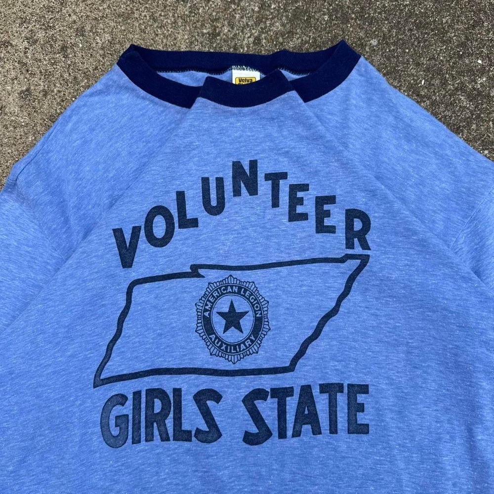 Vintage 80s Velva Sheen Volunteer Girls State Tennessee Ringer Tee Blue XL (g4a)